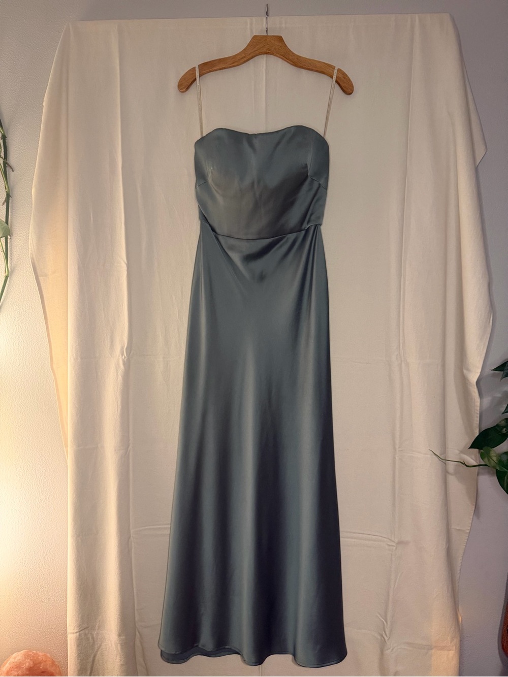 Strapless Satin Maxi Dress in Slate Green